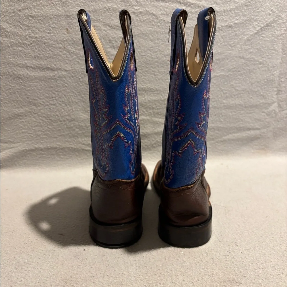 Old West Brown Blue Leather Square Toe Cowboy Boots Youth SZ 020 Style BSC1840